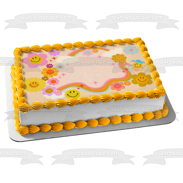 Retro Smiley Face Flowers and a Rainbow Edible Cake Topper Image ABPID57655 Fashion