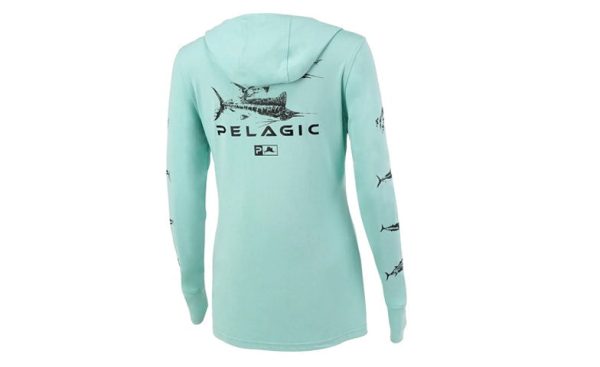 Pelagic Womens Ultratek Hooded Shirt Gyotaku Turquoise Hot on Sale