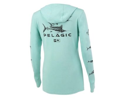 Pelagic Womens Ultratek Hooded Shirt Gyotaku Turquoise Hot on Sale